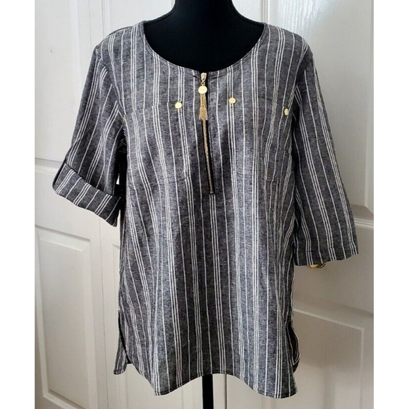 NWT Anne Klein Women's White Gray Linen Tunic 1/4 Zip Roll Tab Sleeve Top Sz M - Picture 1 of 8